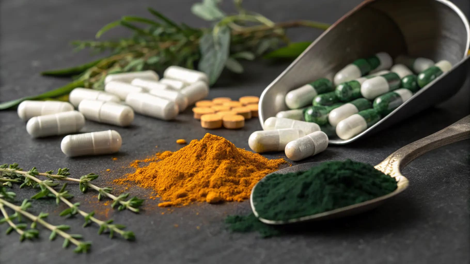Supplement ingredients including turmeric, capsules, and botanicals