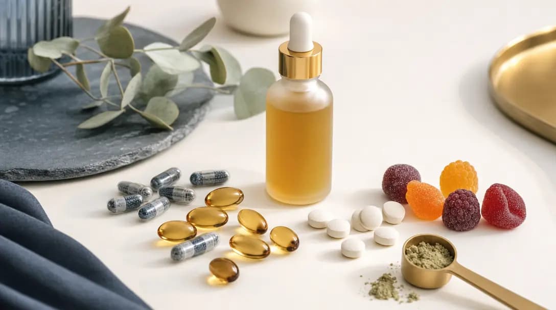 An assortment of supplement dosage forms — capsules, softgels, gummies, tablets, powder, and a liquid dropper bottle — arranged on a clean surface