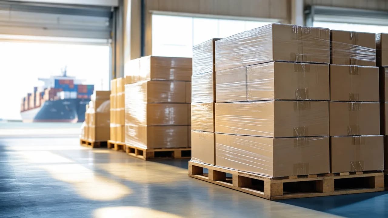 Pallets of sealed supplement export cartons in a logistics warehouse loading bay