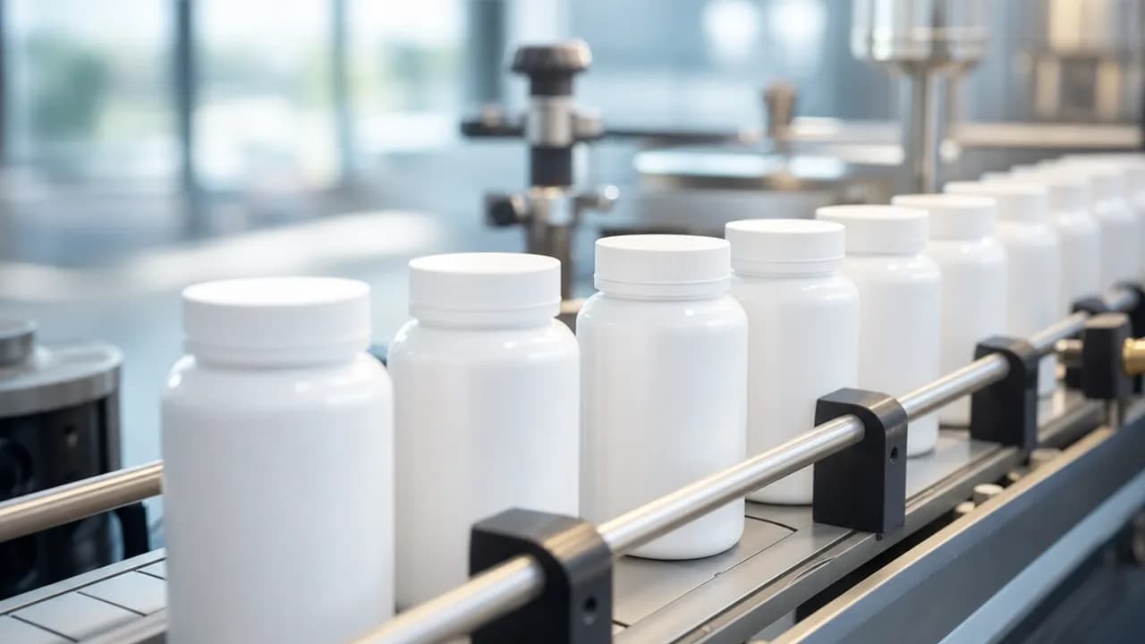 Rows of unlabeled white supplement bottles on a private-label production line